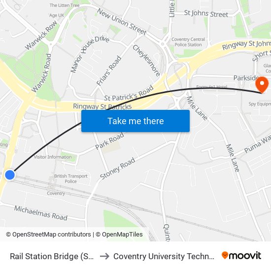 Rail Station Bridge (Stop Wr6) to Coventry University Technology Park map