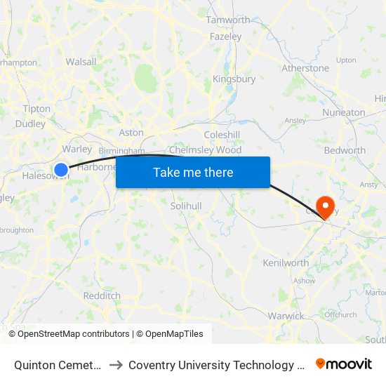 Quinton Cemetery to Coventry University Technology Park map