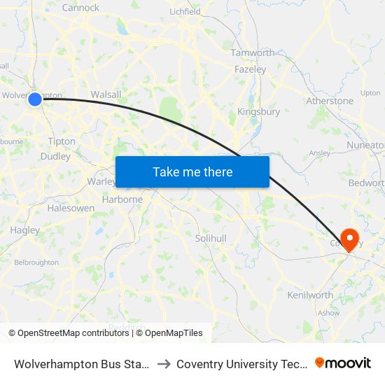 Wolverhampton Bus Station (Stand P) to Coventry University Technology Park map