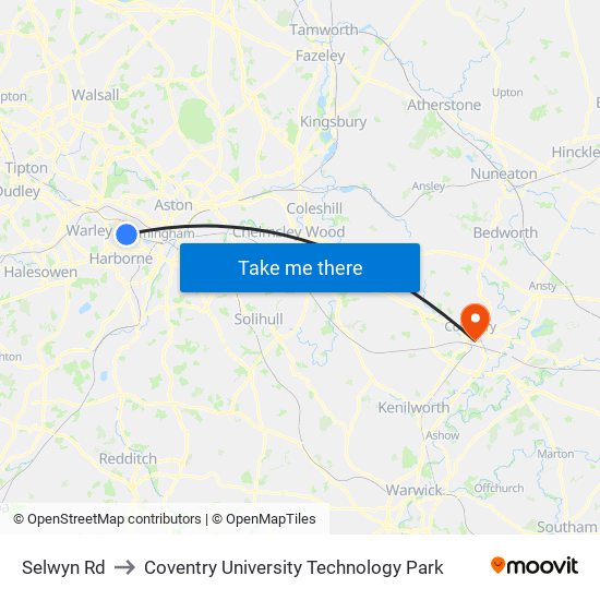 Selwyn Rd to Coventry University Technology Park map