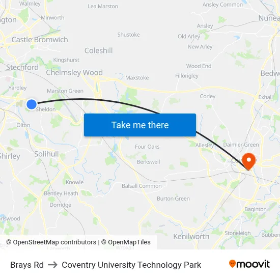 Brays Rd to Coventry University Technology Park map