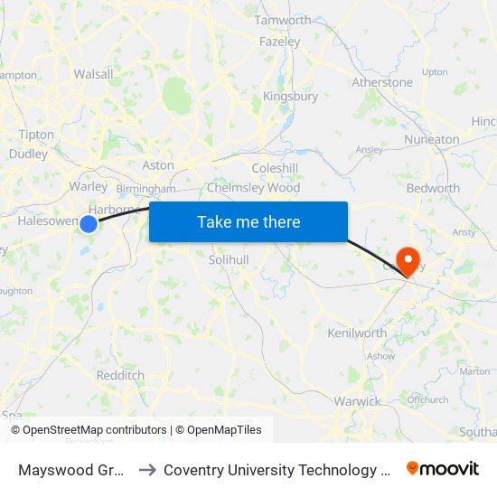 Mayswood Grove to Coventry University Technology Park map