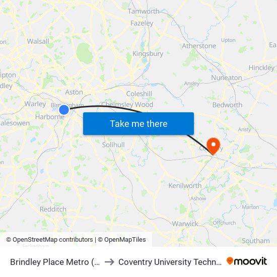 Brindley Place Metro (Stop Br5) to Coventry University Technology Park map