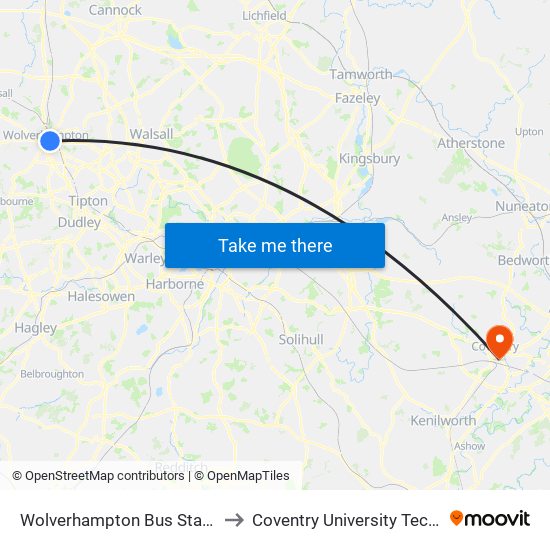 Wolverhampton Bus Station (Stand B) to Coventry University Technology Park map