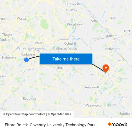 Elford Rd to Coventry University Technology Park map