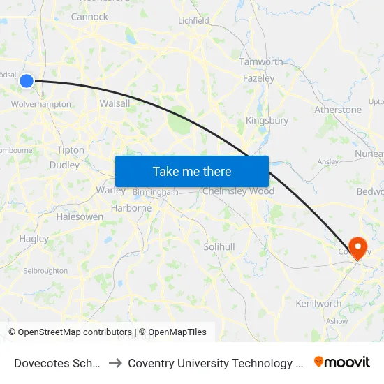 Dovecotes School to Coventry University Technology Park map