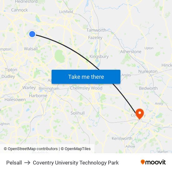 Pelsall to Coventry University Technology Park map