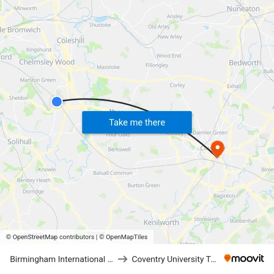 Birmingham International Station to Coventry University Technology Park map