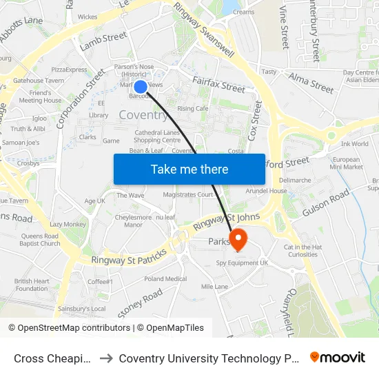 Cross Cheaping to Coventry University Technology Park map