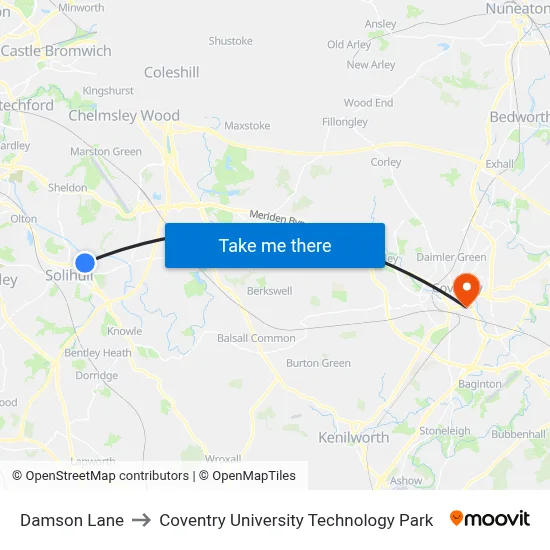 Damson Lane to Coventry University Technology Park map