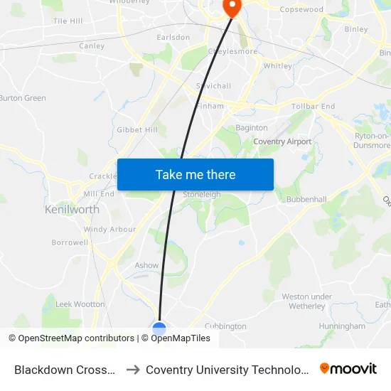 Blackdown Crossorads to Coventry University Technology Park map