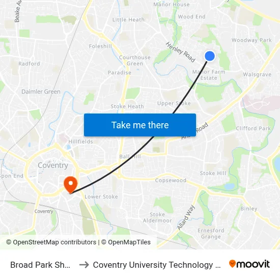 Broad Park Shops to Coventry University Technology Park map