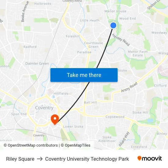 Riley Square to Coventry University Technology Park map