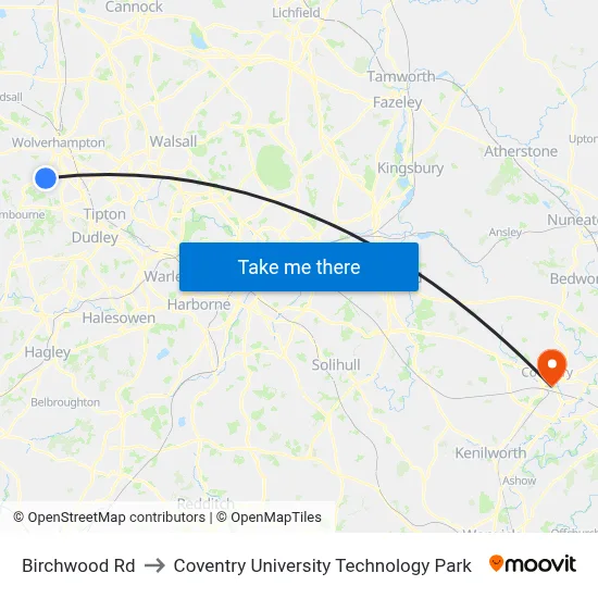 Birchwood Rd to Coventry University Technology Park map