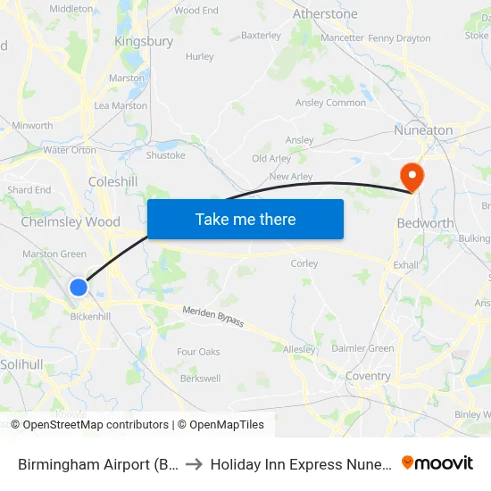 Birmingham Airport (BHX) to Holiday Inn Express Nuneaton map