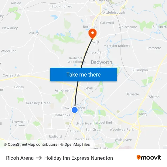 Ricoh Arena to Holiday Inn Express Nuneaton map