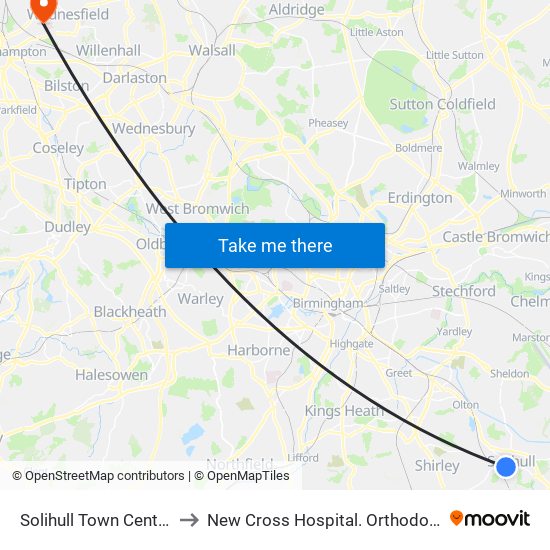 Solihull Town Centre (Stop Sa) to New Cross Hospital. Orthodontics Department map