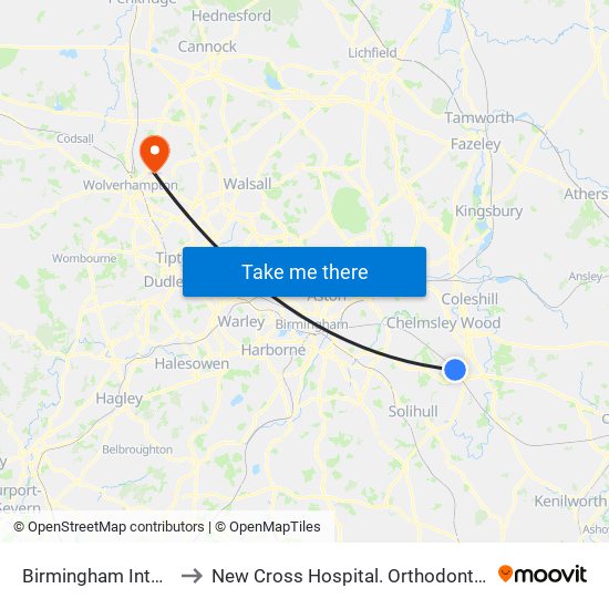 Birmingham International to New Cross Hospital. Orthodontics Department map