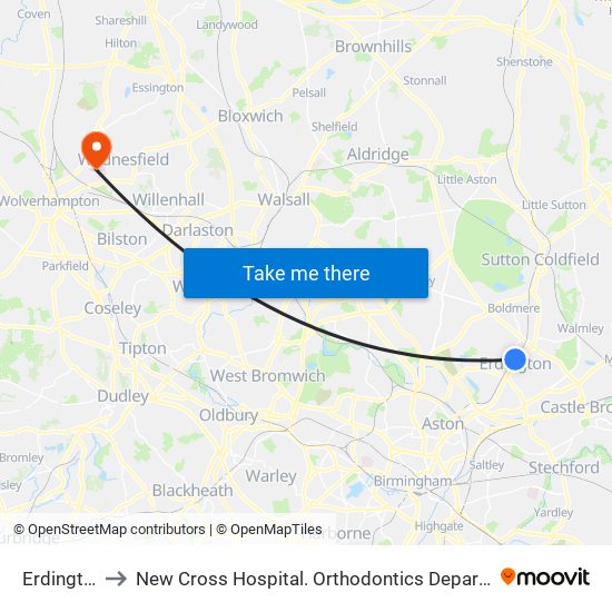 Erdington to New Cross Hospital. Orthodontics Department map