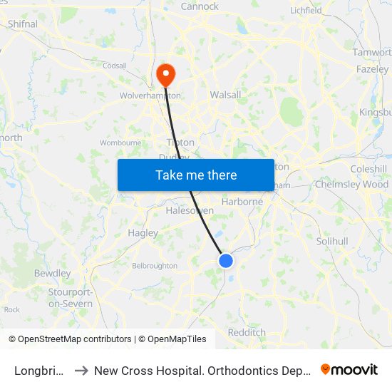Longbridge to New Cross Hospital. Orthodontics Department map
