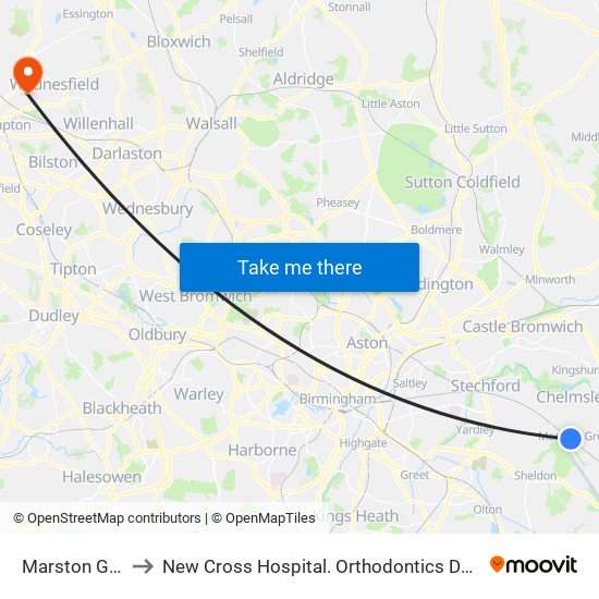 Marston Green to New Cross Hospital. Orthodontics Department map