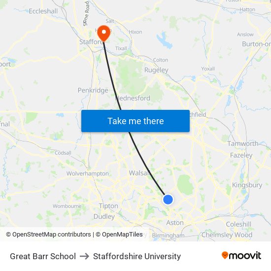 Great Barr School to Staffordshire University map