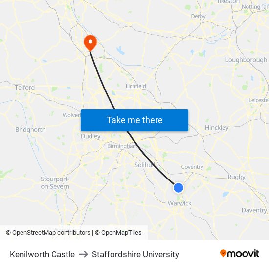 Kenilworth Castle to Staffordshire University map