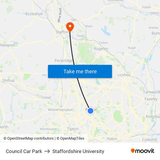 Council Car Park to Staffordshire University map