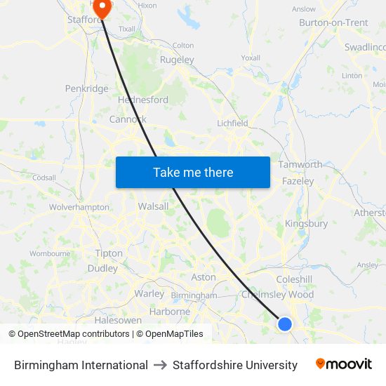 Birmingham International to Staffordshire University map