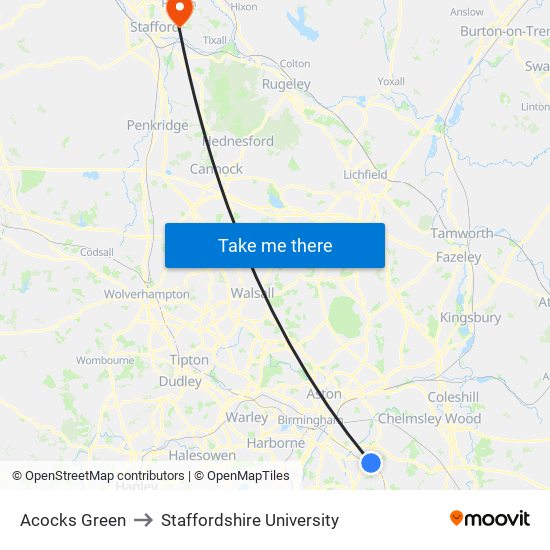 Acocks Green to Staffordshire University map