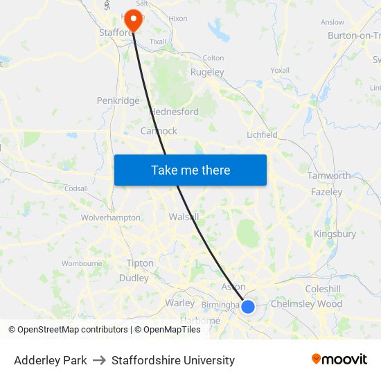 Adderley Park to Staffordshire University map