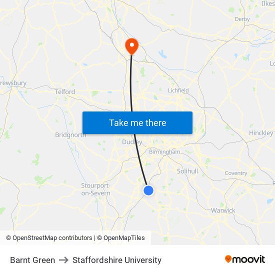 Barnt Green to Staffordshire University map