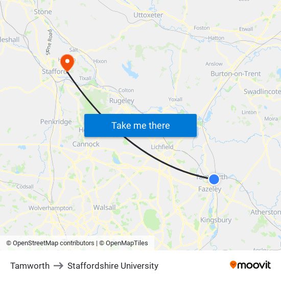 Tamworth to Staffordshire University map