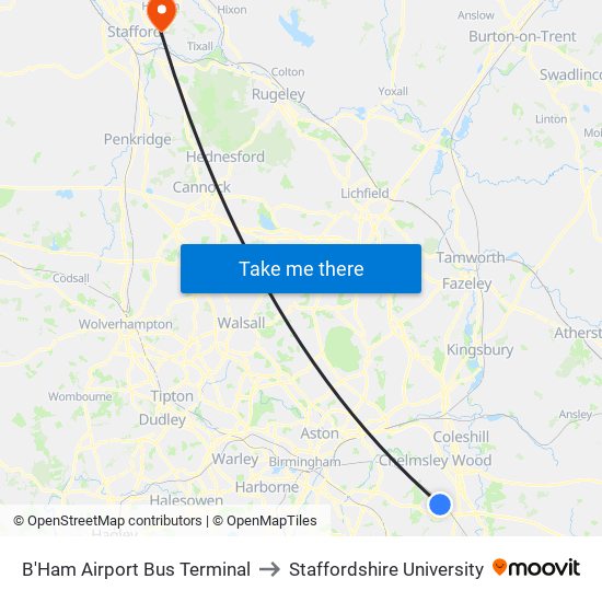 B'Ham Airport Bus Terminal to Staffordshire University map