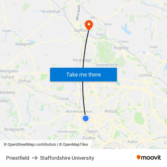 Priestfield to Staffordshire University map