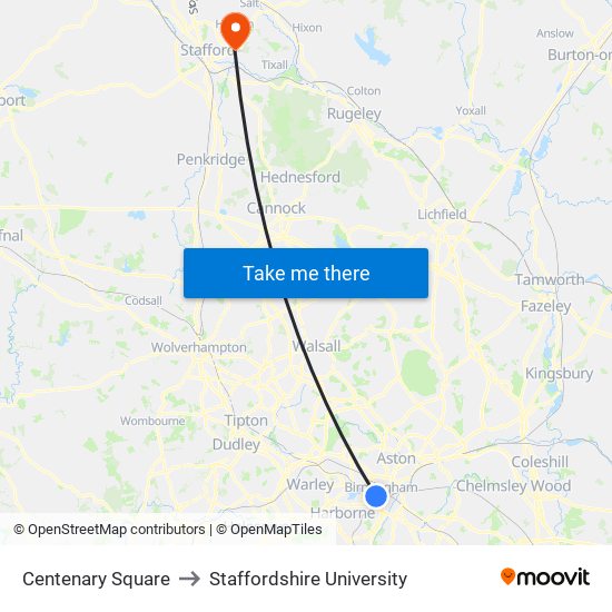 Centenary Square to Staffordshire University map