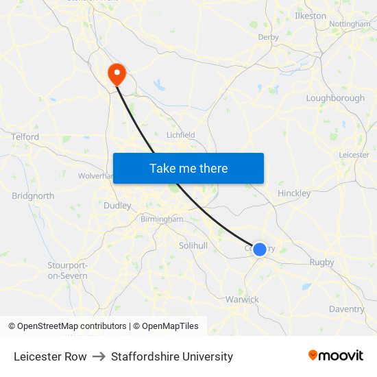 Leicester Row to Staffordshire University map