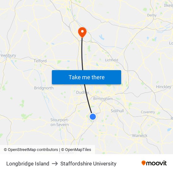 Longbridge Island to Staffordshire University map