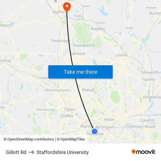 Gillott Rd to Staffordshire University map