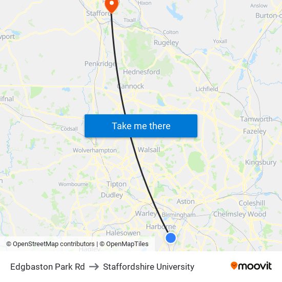 Edgbaston Park Rd to Staffordshire University map