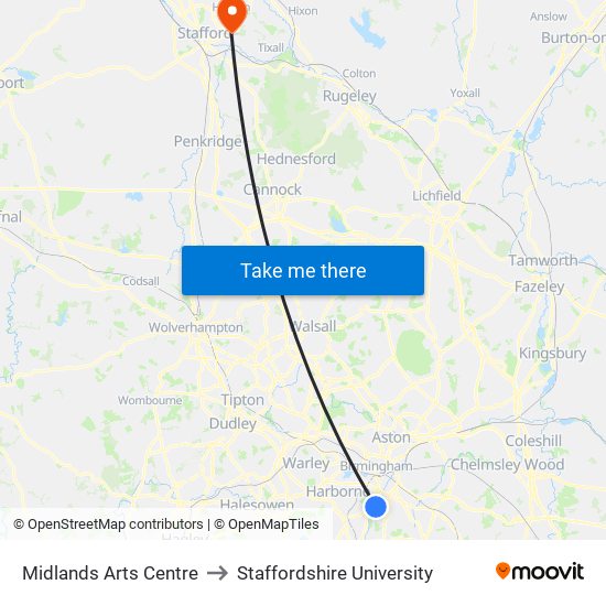 Midlands Arts Centre to Staffordshire University map