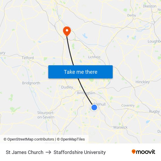 St James Church to Staffordshire University map