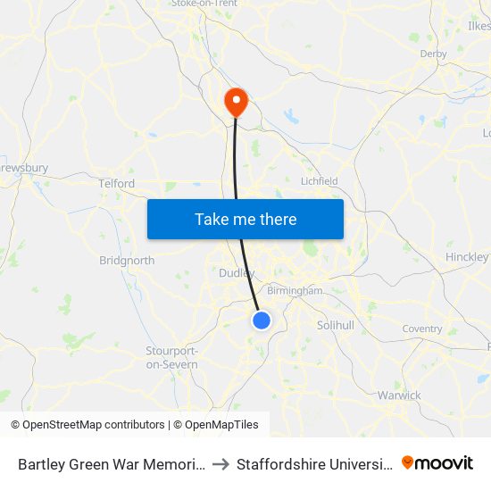 Bartley Green War Memorial to Staffordshire University map