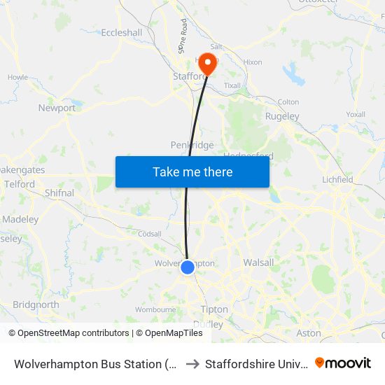 Wolverhampton Bus Station (Stand J) to Staffordshire University map