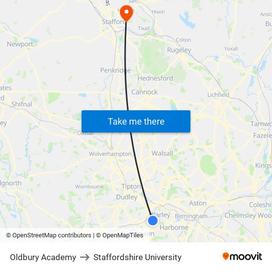 Oldbury Academy to Staffordshire University map