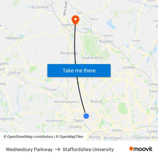 Wednesbury Parkway to Staffordshire University map