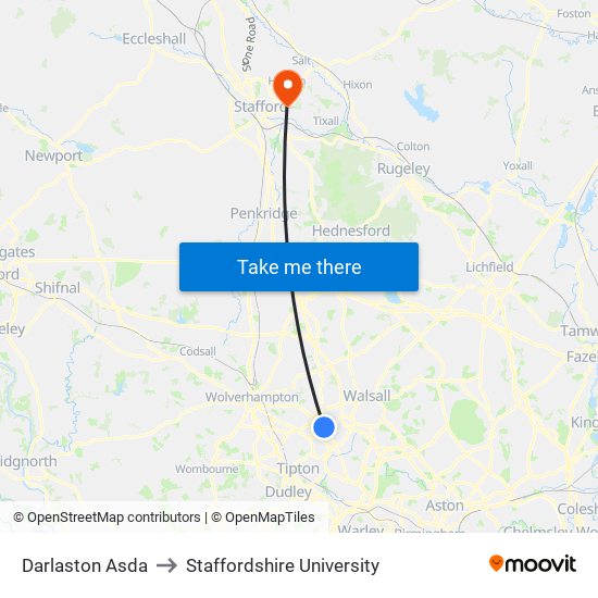 Darlaston Asda to Staffordshire University map