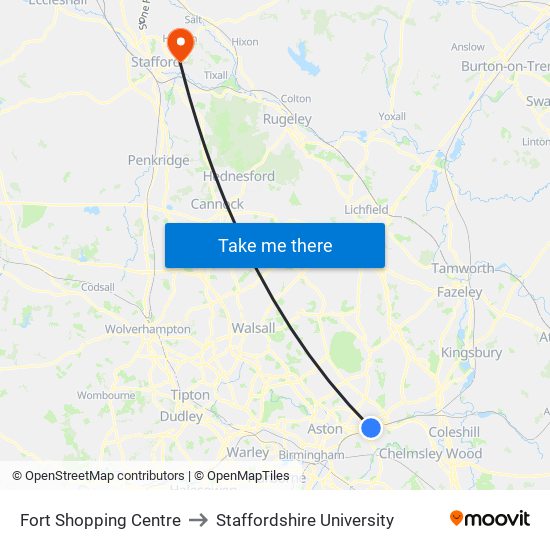 Fort Shopping Centre to Staffordshire University map