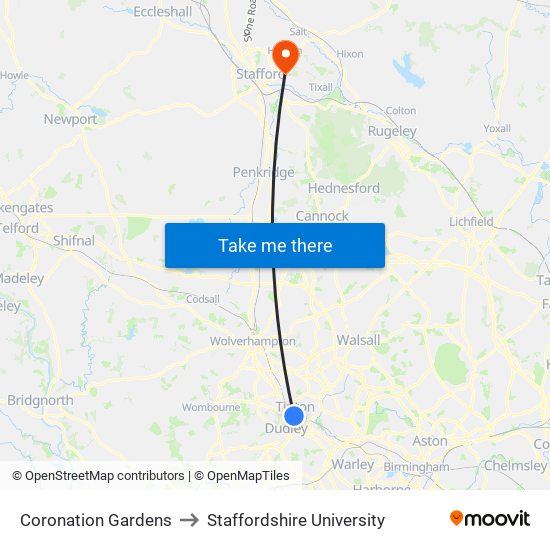 Coronation Gardens to Staffordshire University map