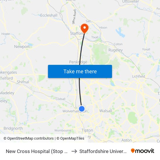 New Cross Hospital (Stop N6) to Staffordshire University map